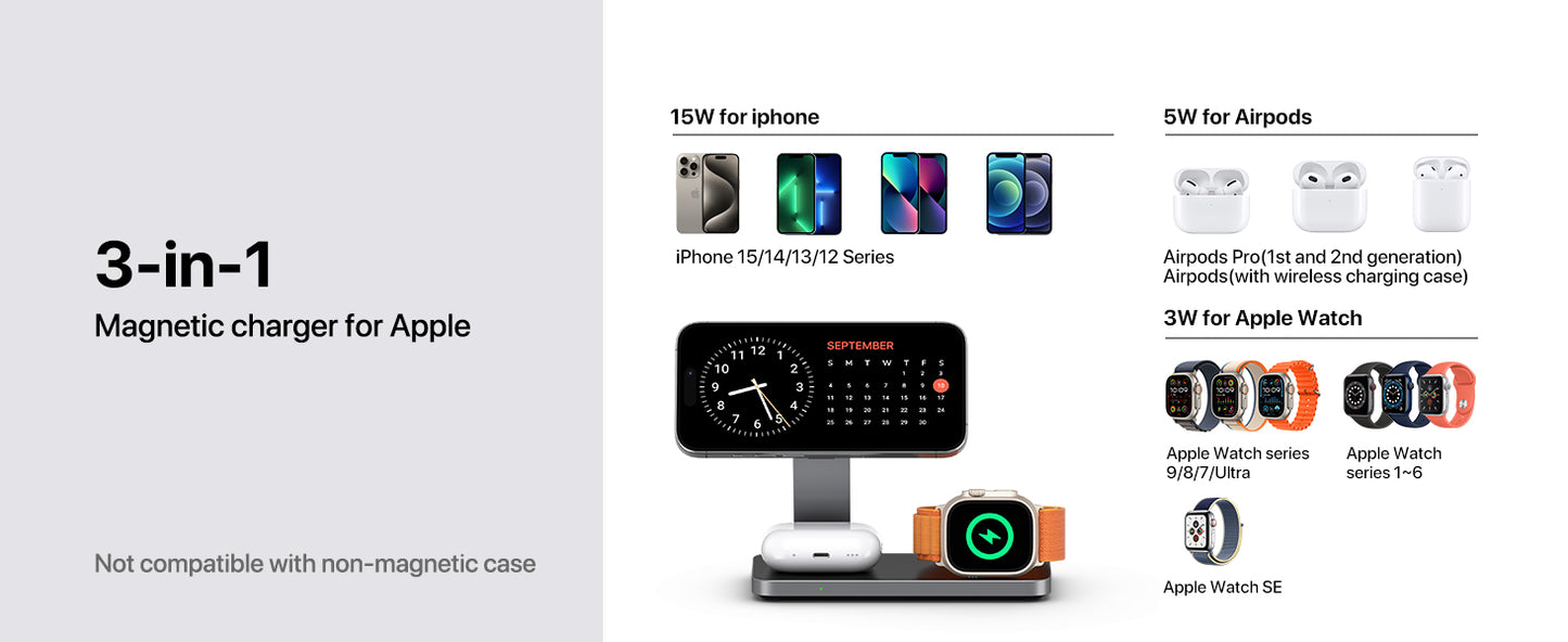 T8 MagNexa Foldable 3 in 1 Wireless Charging Station for Apple Magsafe Charger Stand,Fast Magnetic Wireless Charger Station for iPhone 17 Air 16 15 14 13 12 Series,Airpods Pro,Apple Watch Ultra (Pure Black)