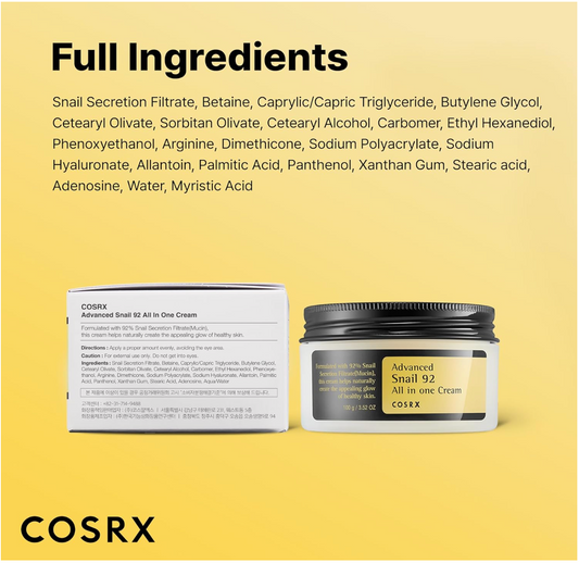 COSRX Snail Mucin 92% Face Moisturizer, 3.52 Oz, Lightweight Moisturing Cream for Soft, Glowy Skin, Korean Skin Care, Korean Moisturizer Face Cream