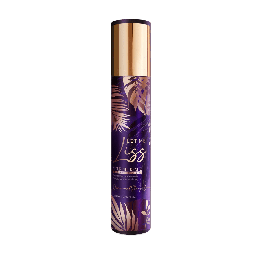 Let Me Liss Hair Smoothing Protein Treatment bottle, deep purple with gold cap, 250 ml