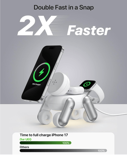 3-in-1 Wireless Charging Station showcasing fast charging for iPhone, AirPods, and Apple Watch with sleek design.