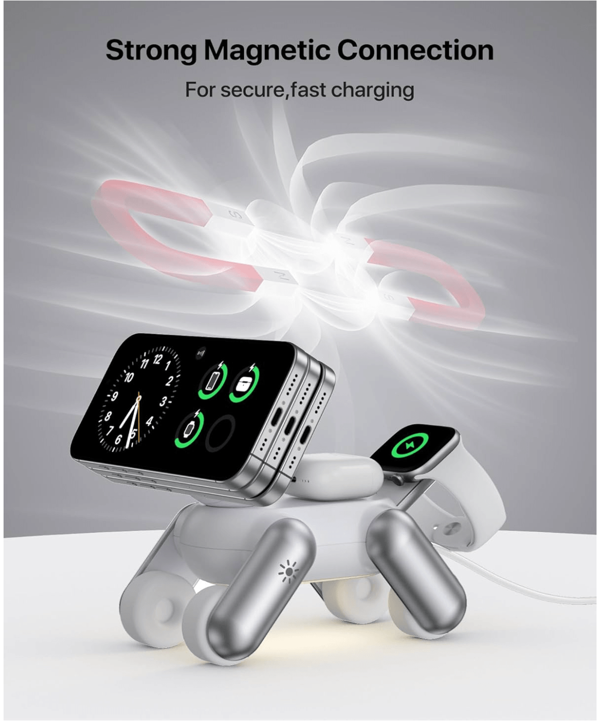 3-in-1 Wireless Charging Station with strong magnetic connection for secure, fast charging of devices.