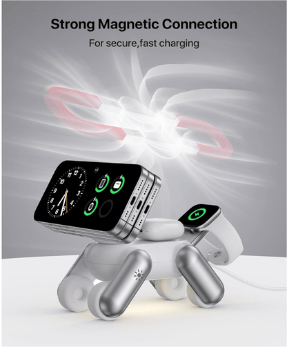 3-in-1 Wireless Charging Station with strong magnetic connection for secure, fast charging of devices.