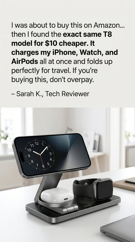 Foldable 3-in-1 Wireless Charging Station for iPhone, AirPods & Apple Watch, Portable Magnetic Charger Stand, Compact Travel Charging Dock (T8)