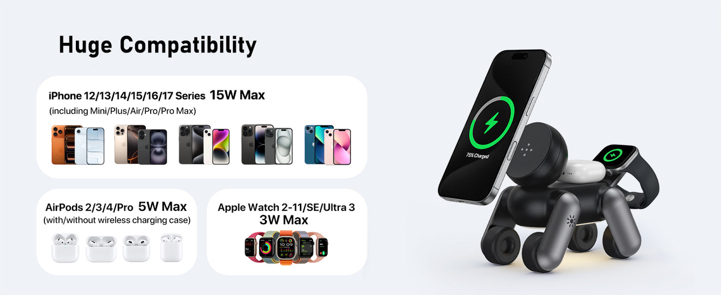 D6 MagNexa  Charger, 3 in 1 Wireless Charging Station for Apple Devices,Foldable Cute