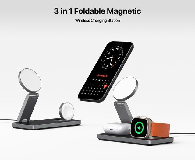 T8 MagNexa Foldable 3 in 1 Wireless Charging Station for Apple Magsafe Charger Stand,Fast Magnetic Wireless Charger Station for iPhone 17 Air 16 15 14 13 12 Series,Airpods Pro,Apple Watch Ultra (Pure Black)