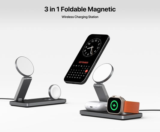 T8 MagNexa Foldable 3 in 1 Wireless Charging Station for Apple Magsafe Charger Stand,Fast Magnetic Wireless Charger Station for iPhone 17 Air 16 15 14 13 12 Series,Airpods Pro,Apple Watch Ultra (Pure Black)