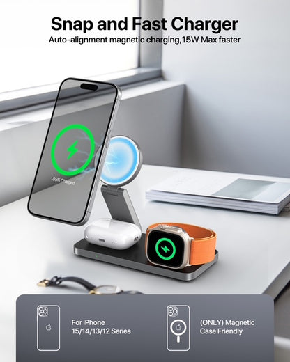 T8 MagNexa Foldable 3 in 1 Wireless Charging Station for Apple Magsafe Charger Stand,Fast Magnetic Wireless Charger Station for iPhone 17 Air 16 15 14 13 12 Series,Airpods Pro,Apple Watch Ultra (Pure Black)