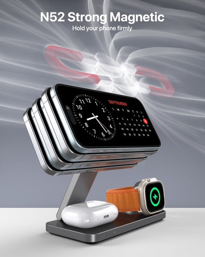 T8 MagNexa Foldable 3 in 1 Wireless Charging Station for Apple Magsafe Charger Stand,Fast Magnetic Wireless Charger Station for iPhone 17 Air 16 15 14 13 12 Series,Airpods Pro,Apple Watch Ultra (Pure Black)