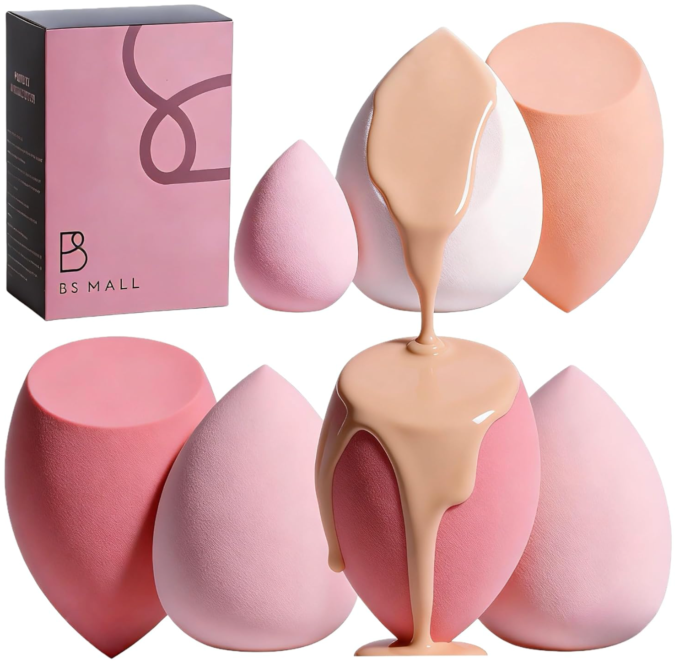 Makeup Sponge Set BS-MALL with Storage Case 7 Pcs for Liquid, Cream, and Powder,SAVE Foundation with 1 Mini Makeup Sponge For Travel Daily Use (A-Pink）
