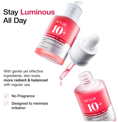 Anua Niacinamide 10 + TXA 4 Serum, Dark Spot Care, Hyaluronic Acid, Tranexamic Acid, Lightweight & Hydrating All-in-One Daily Facial Serum for Glass Skin, Korean Skincare, 1.01 fl.oz