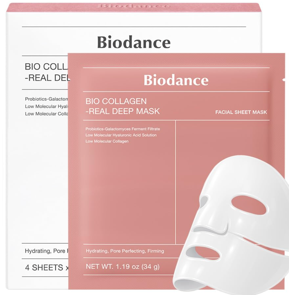 BIODANCE Bio-Collagen Real Deep Mask, Hydrating Overnight Hydrogel Mask, Pore Minimizing, Elasticity, Plumping Improvement, Korean Skin Care, Valentines Day Gifts for Her | 1.19oz(34g) x 4ea