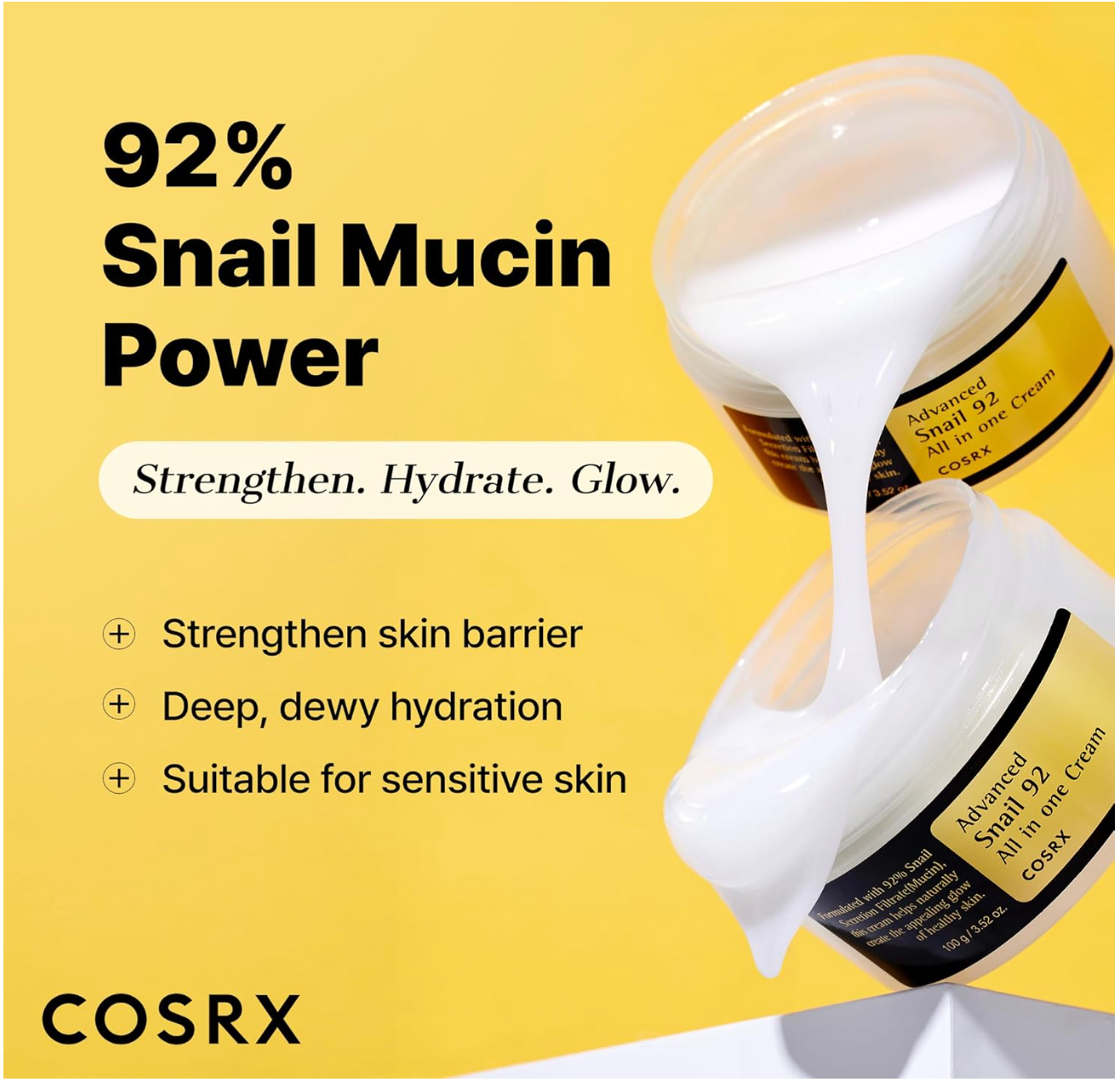 COSRX Snail Mucin 92% Face Moisturizer, 3.52 Oz, Lightweight Moisturing Cream for Soft, Glowy Skin, Korean Skin Care, Korean Moisturizer Face Cream