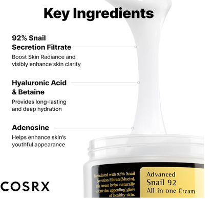 COSRX Snail Mucin 92% Face Moisturizer, 3.52 Oz, Lightweight Moisturing Cream for Soft, Glowy Skin, Korean Skin Care, Korean Moisturizer Face Cream