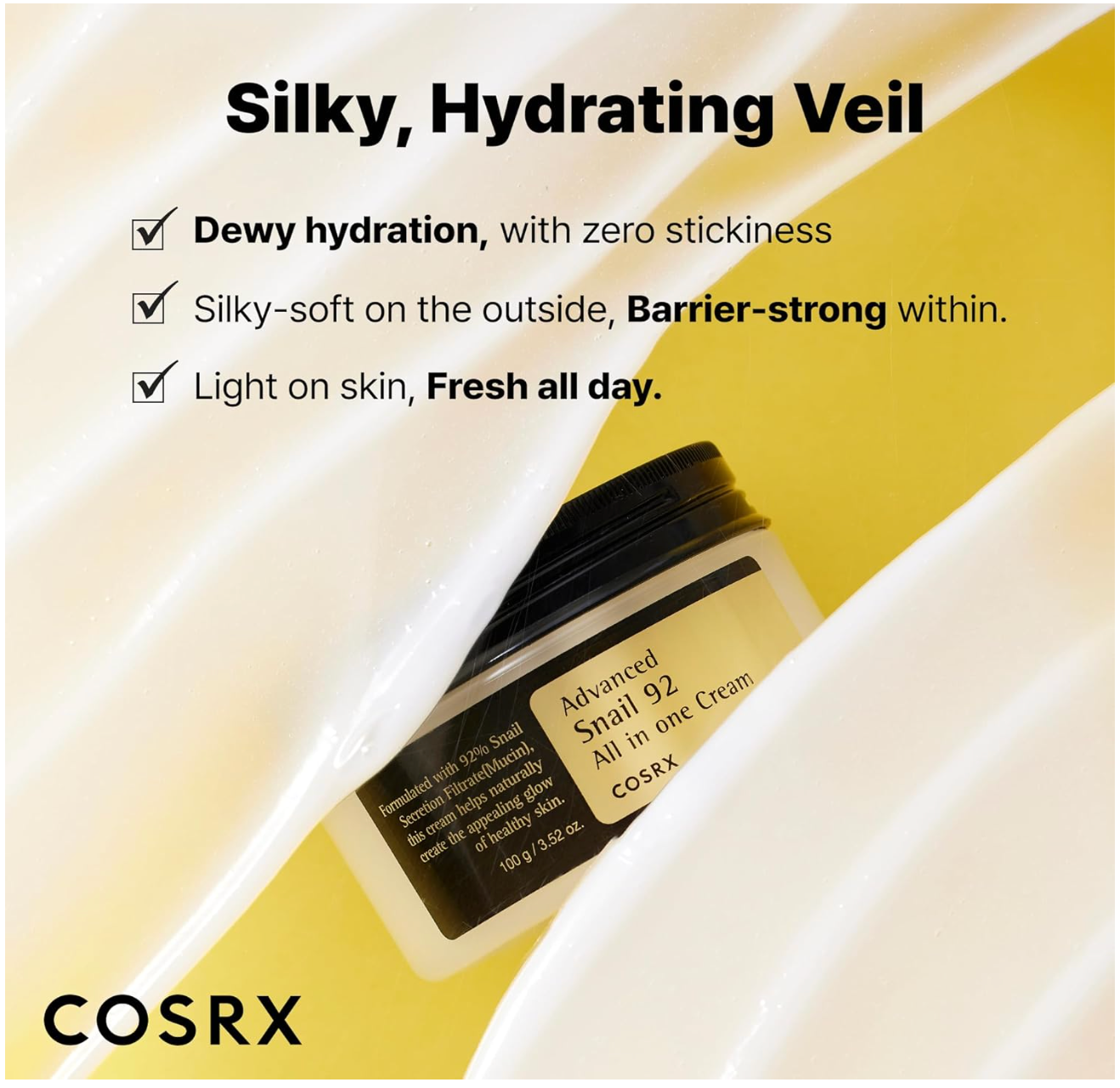 COSRX Snail Mucin 92% Face Moisturizer, 3.52 Oz, Lightweight Moisturing Cream for Soft, Glowy Skin, Korean Skin Care, Korean Moisturizer Face Cream